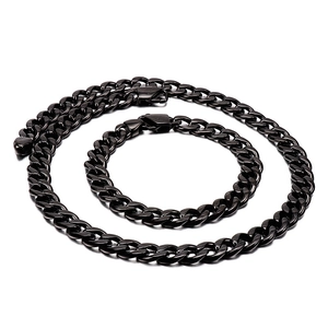 Polished black stainless steel Cuban link necklace and bracelet set with lobster clasp