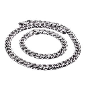 Stainless Steel Cuban Link Chain Necklace And Bracelet Polished Hip Hop Punk Style Jewelry For Men