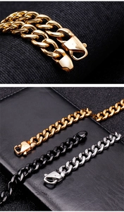 Three Cuban link chains in gold, black, and silver 316L stainless steel with engraved clasp