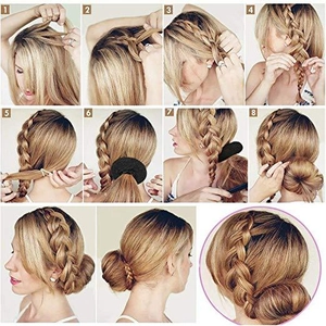 12-step hair donut bun maker tutorial showing braided hairstyle guide on blonde hair