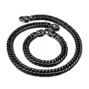 Men Cuban Chain Necklace Bracelet Stainless Steel Gold Black Plated Chunky Bold Punk Masculine Link Accessory