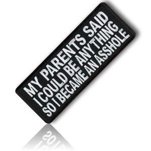 Close-up of rectangular black tactical patch with white embroidered sarcastic text