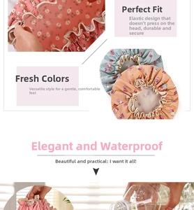 Close-up of double-layer waterproof shower cap with elastic band and cartoon floral patterns