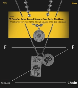 Detail of vintage silver double-layer necklace with hip-hop coin and square pendants