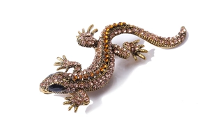 Macro shot of bronze lizard brooch with pink and amber rhinestones and black gem eyes