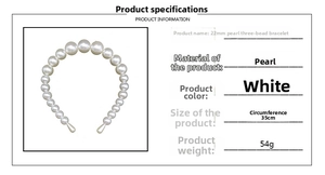 Detail showing 22mm large white pearls on a bridal headband with dimensions and weight info