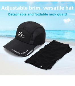 Detail showing the adjustable retractable brim and detachable mesh neck flap on the sun hat