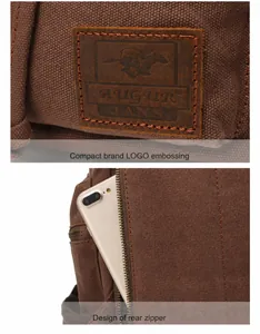 Detail eines Vintage-Leinwandrucksacks mit Leder-Logo-Patch und Diebstahlschutzfach