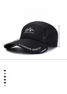 Size chart showing dimensions for a black polyester baseball cap with 9.5cm long brim