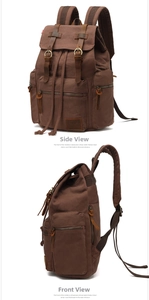 Vertical display showing two angles of this vintage canvas backpack with leather straps