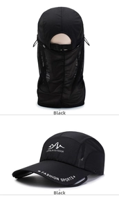 Detail of black quick-dry outdoor sun hat with detachable neck cover and mesh panels