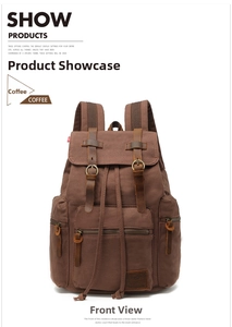 Front detail of coffee brown canvas backpack featuring vintage leather straps and metal buckles