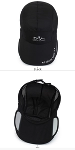 Detail of black quick-dry fishing hat featuring breathable mesh fabric and adjustable buckle