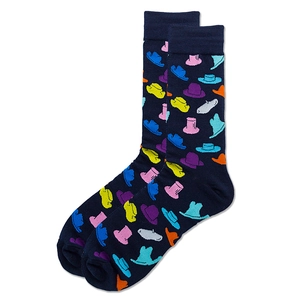 Navy blue crew socks featuring colorful embroidered hat patterns on premium cotton knit