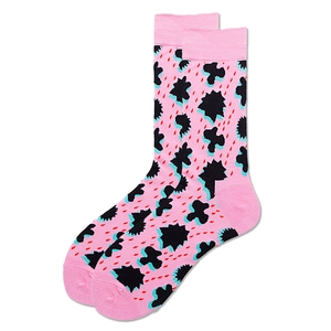 Pink mid-calf socks featuring abstract black patterns and red dots on a white background