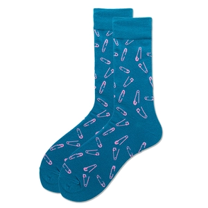 Blue crew socks with pink safety pin patterns, flat lay view on white background