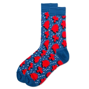 Street style crew socks with blue base, red patterns, and white dots for men and women