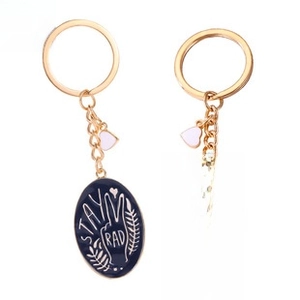 Detail view of enamel keychains featuring Stay Rad and Be Excellent guitar motifs