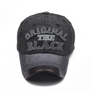 Distressed charcoal cotton baseball cap with ORIGINAL THE BLACK embroidery and leather trim
