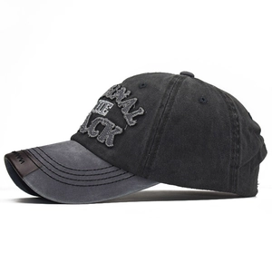 Vintage black washed cotton baseball cap with 3D embroidery and leather detail
