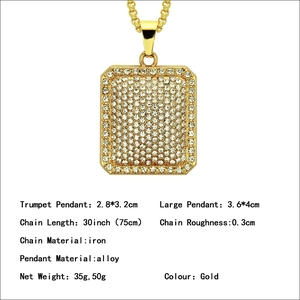 Men's hip hop gold iced out square military tag necklace with rhinestone pendant and long chain