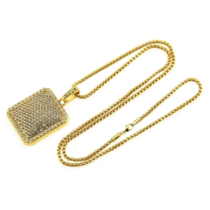 Men's hip hop gold iced out square military tag pendant with round box chain necklace