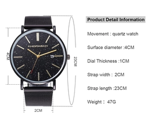 Detailed dimensions of business quartz watch with black starry dial and alloy mesh band