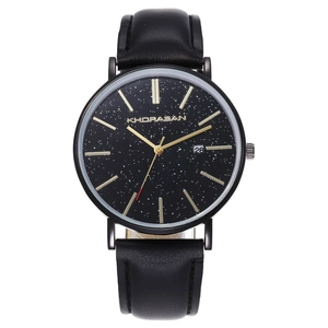 Men's business quartz watch with starry dial, calendar window and black leather strap