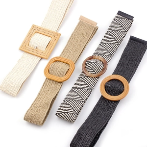 Women Woven Straw Belt Elastic Waist Strap With Wooden Style Round Square Buckle Bohemian Casual Dress Decoration