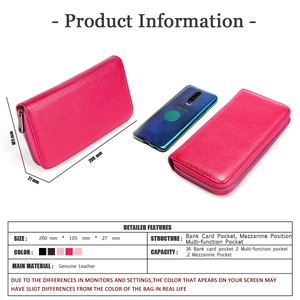 Detailed view of rose red leather card wallet with 36 slots and size dimensions