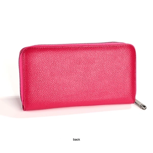 Back view of a long rose pink leather wallet with pebbled texture and metal zipper