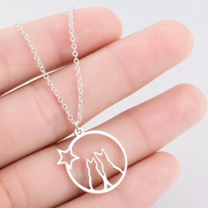 Silver cat couple necklace with hollow round moon and star pendant for women