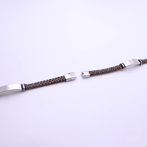 Handmade woven brown leather bracelet with polished silver stainless steel buckle