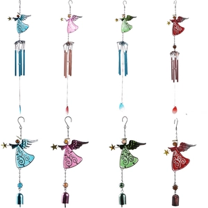 Macro display of angel wind chimes featuring colorful glass and metal bell tubes