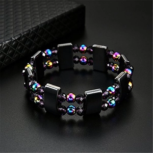 Double-layer magnetic hematite bracelet featuring rainbow beads and black rectangular links