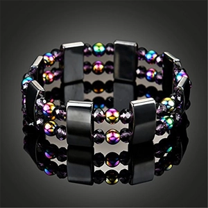 Double-layer magnetic hematite bracelet with colorful faceted beads on reflective black surface
