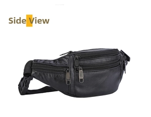 Detail view of the black leather waist bag with multi-layer zippers and smooth texture