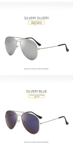Detail of classic aviator sunglasses featuring silver frames with silver and blue mirror lenses