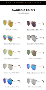 Collage of multi-color aviator sunglasses with metal frames and mirrored lenses