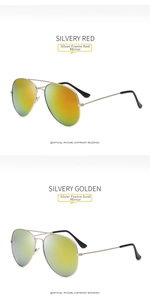 Close-up of classic aviator sunglasses with silver frames and red or gold mirror lenses