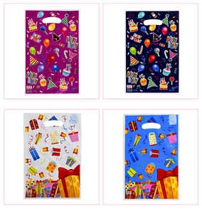 Selection of four colorful plastic party gift bags with Happy Birthday and Party motifs