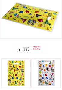 Detail view of Happy Birthday gift bags with colorful balloon prints and handle cutouts