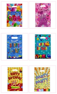Variety of six colorful plastic party favor bags with balloons and birthday cake designs