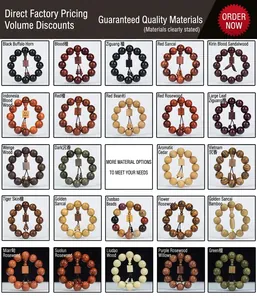Detail grid showing 24 types of premium wood beads including sandalwood and rosewood