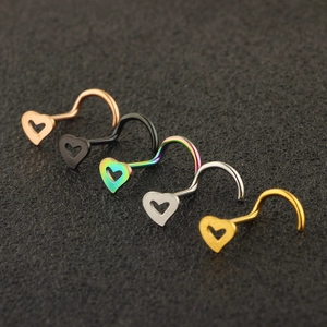 Five-piece heart-shaped stainless steel L-bend nose rings in multi-color finishes