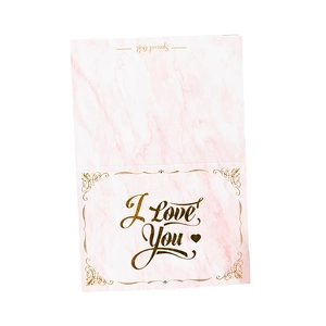 Pink marble greeting card with gold foil stamping and I Love You script on white background