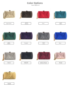 Detailed grid of 13 satin evening clutch bag colors with gold fringe tassel accents