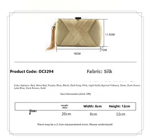 Detail showing dimensions of the satin clutch bag with tassel, 18x7x11.5cm specifications