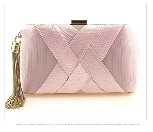 Pink satin evening clutch featuring cross pleated fabric and gold chain fringe detail