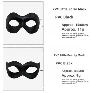 Detail view of lightweight black PVC masquerade masks with adjustable thin straps